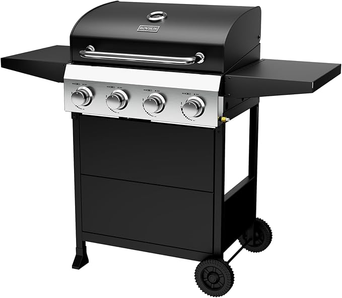 ROVSUN 4-Burner Propane Gas BBQ Grill with Foldable Side Tables & Enameled Cast Iron Grates, 40,000 BTU Barbecue Grill with Portable Wheels for Outdoor Patio Backyard Cooking Grilling, Black