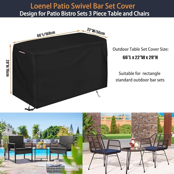 Patio Bistro Set Cover, Heavy Duty Waterproof Outdoor Table and Chairs Set Cover for 3 Pieces Patio Furniture Set/2 Chairs Patio Set - 66"L x 22"W x 29"H
