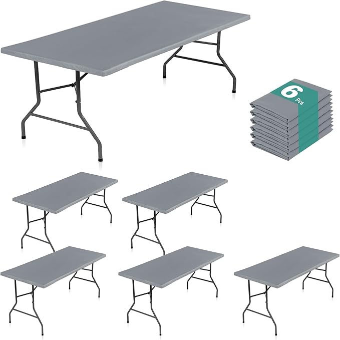 LUSHVIDA 6 Packs Vinyl Tablecloths with Flannel Backing for 6ft Rectangle Folding Table Cloths - Waterproof Plastic Picnic Table Covers with Elastic Corners, 30x72 inch, Light Gray