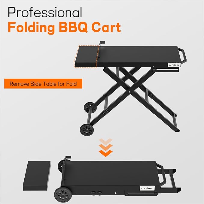 veralune Folding Grill Table, Outdoor Prep Table with 2 Wheels, Adjustable Height Portable Grill cart for Outdoor Cooking Camping BBQ Tailgating Picnicking