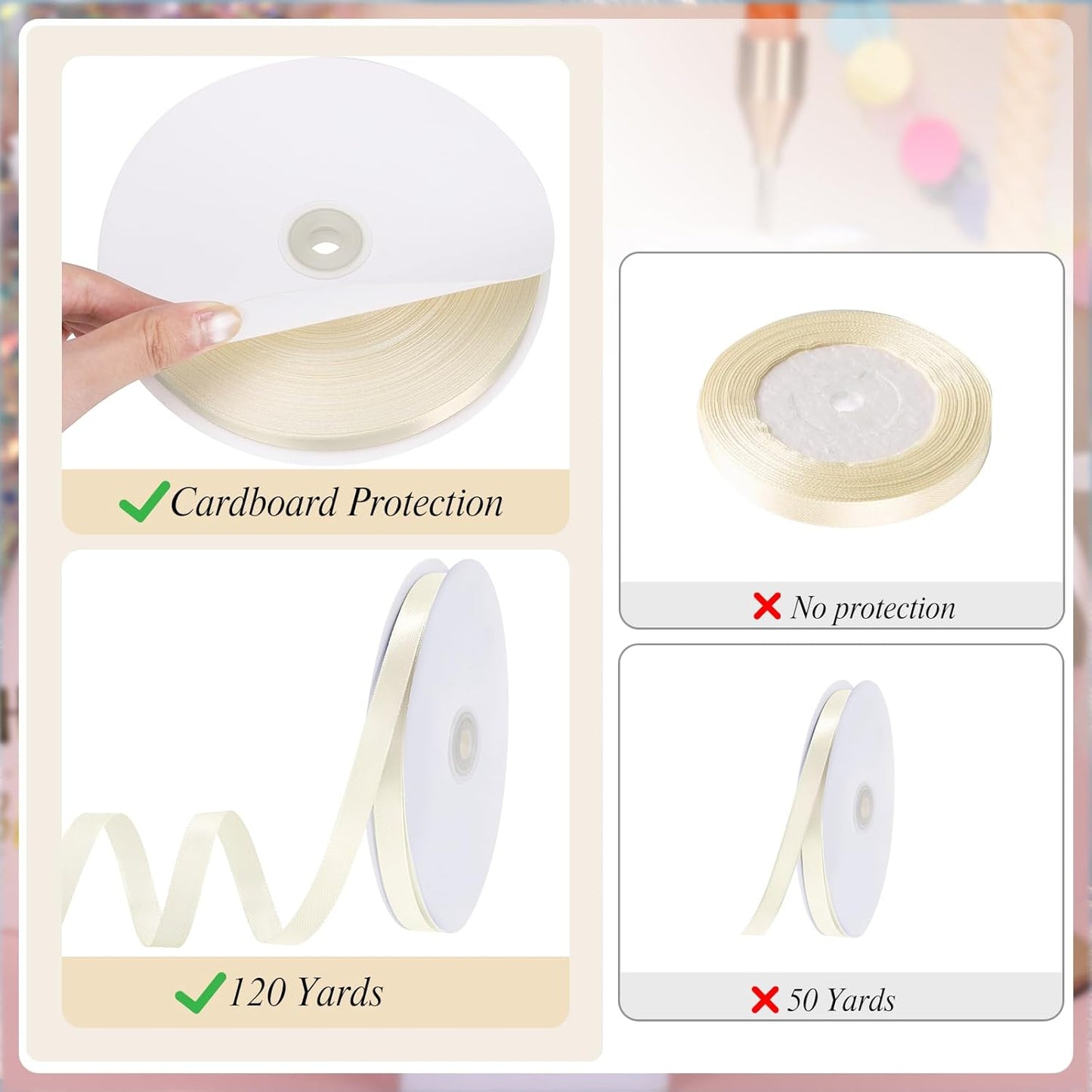 120 Yards Cream Ribbon 3/8 Inch Ivory Satin Ribbon Thin Ribbons for Gift Wrapping Cake Wedding Invitation Bride Bracelet Hair Bows Christmas Crafts Gift Bags Balloons String