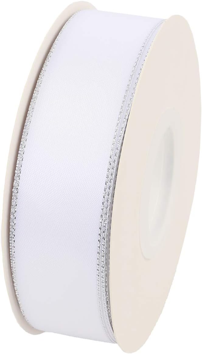 ITIsparkle 1" Inch Double Faced Satin Ribbon 25 Yards with Silver Edges, 1" X 25Yd - White