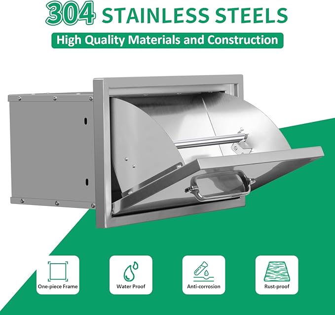 Outdoor Kitchen Drawers 16" W x 10" H x 10" D Stainless Steel Paper Towel Drawers with Ergonomic Handle for BBQ Island, Patio Grill Station & Outdoor Kitchen Cabinets