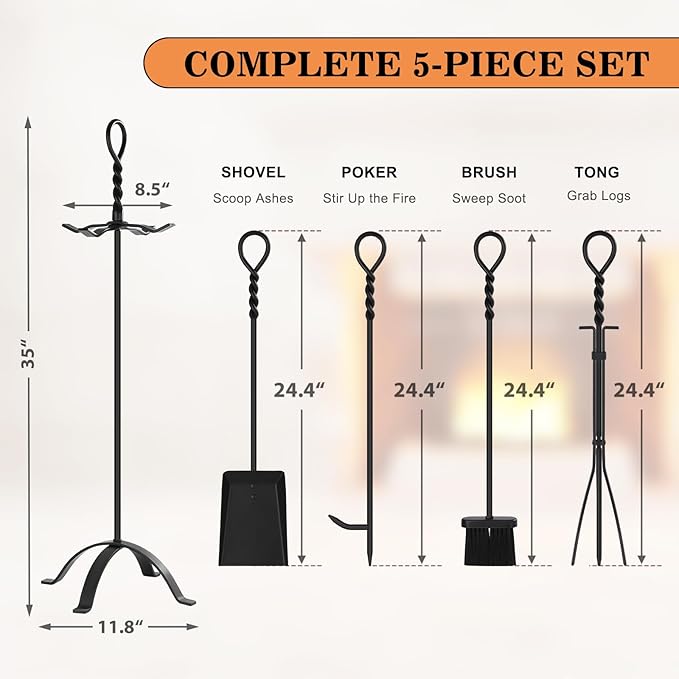 Gtongoko 35 Inch Fireplace Tools Set 5 Pcs Black Wrought Solid Iron Large Fire Tool Set for Outdoor/Indoor Include Chimney Poker, Rustic Tongs, Shovel, Antique Brush and Stand Accessories Set