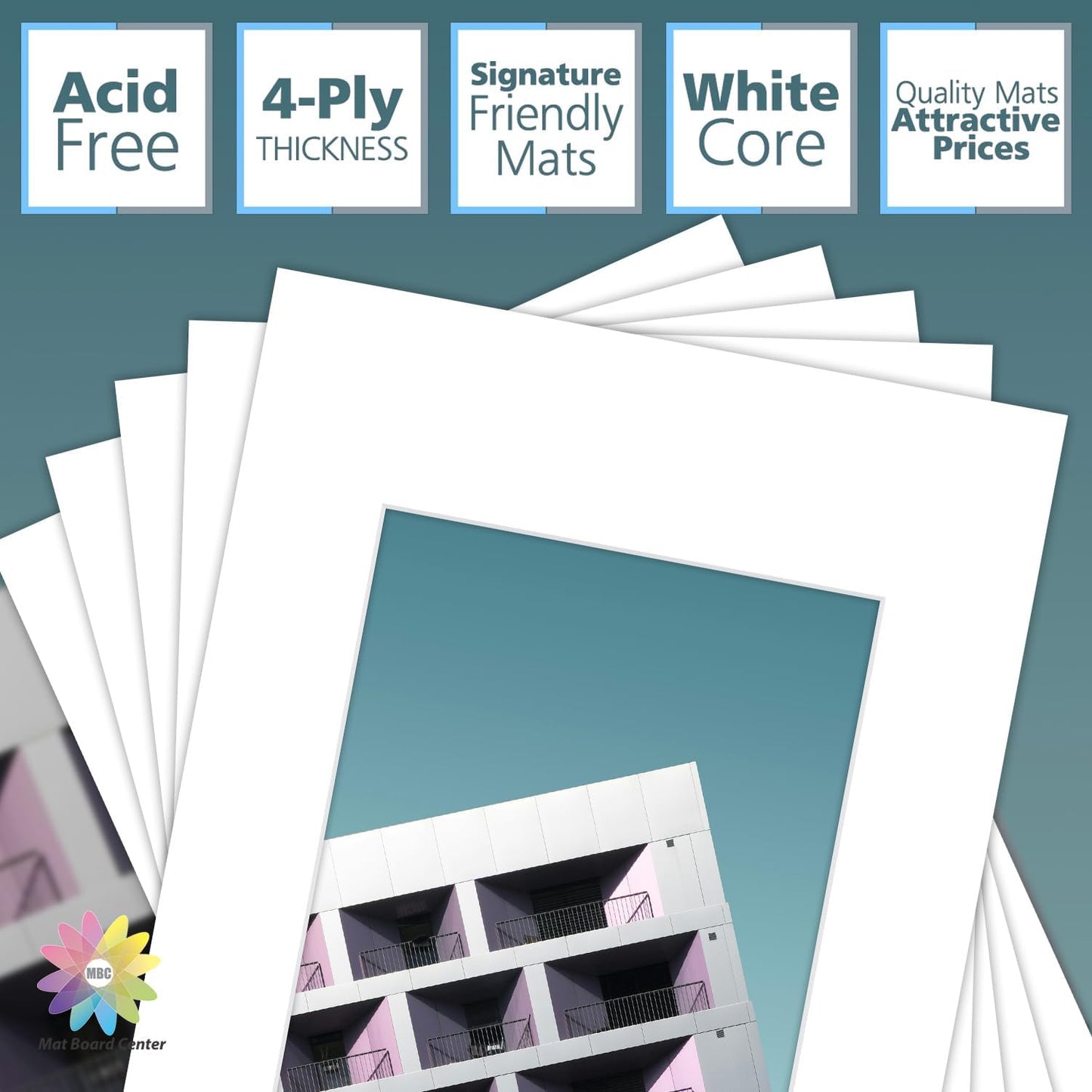 MBC Mat Board Center, 5 Pack 12x16 for 8x10 White Picture Mats Frame Mattes, Bevel Cut, Acid Free, 4-ply Thickness