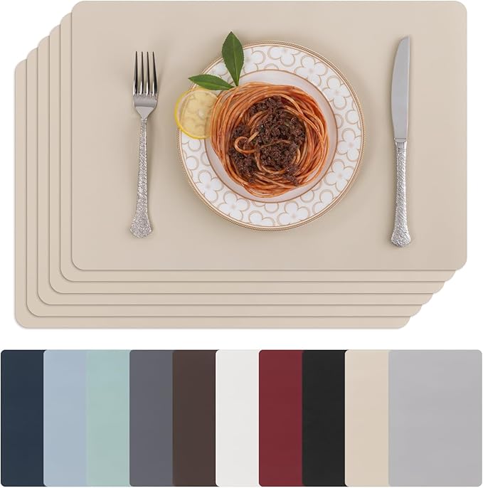 SHACOS Placemats Set of 6 Faux Leather Heat Resistant PU Non-Slip Vinyl Place Mats Waterproof Wipeable Table Mats for Kitchen Dining Indoor Outdoor, Beige