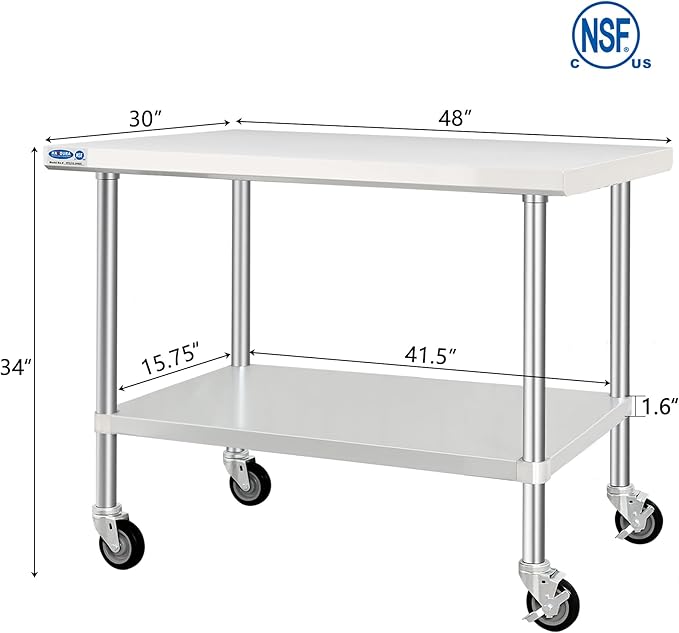 HARDURA Stainless Steel Table with Wheels 30 x 48 Inches Kitchen Prep Table Heavy Duty Stainless Steel Workbench with Aluminium Corner Undershelf NSF 304 Metel Table for Commercial Restaurant