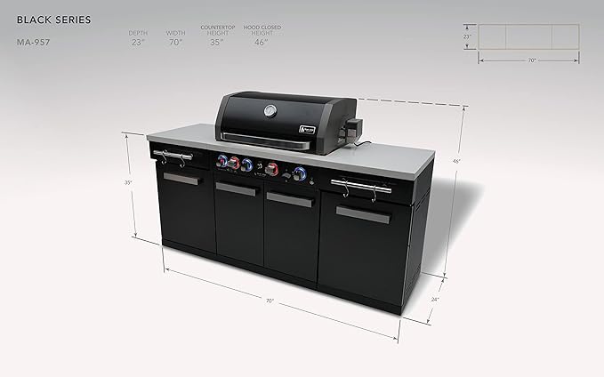 Mont Alpi MA-957 5-Burner 63000 BTU Black Stainless Steel Outdoor Kitchen Bar Gas Island Grill with Infrared Rear Burner + Rotisserie Kit + Granite Countertop + Storage Cabinets & Full Weather Cover