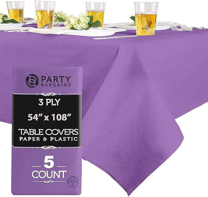 PARTY BARGAINS 5 Disposable Table Covers - 54" X 108" Purple Table Cover, 3 Ply Paper & Plastic Tablecloth