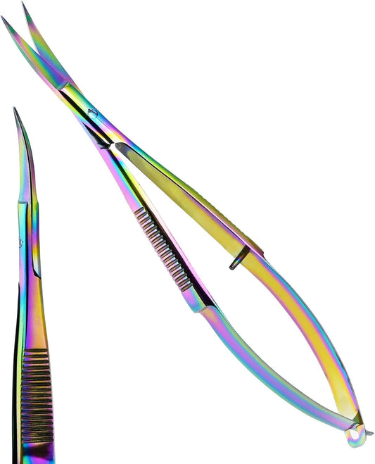 Cross Edge Curved Spring Scissors 5 Inch Stainless Steel Precision Eyebrow & Eyelash Shaping & Trimming Scissor, Snips Squeeze, Embroidery, Knitting Micro Tip Craft Scissors (Rainbow)