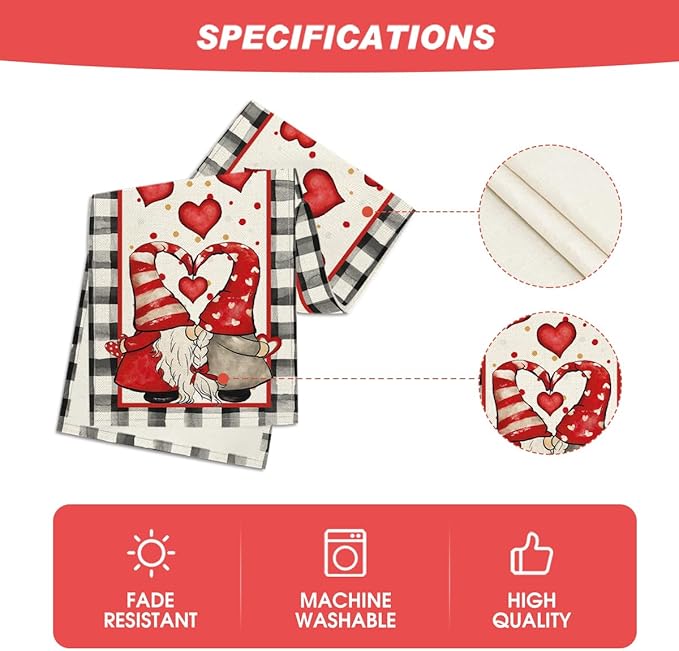Artoid Mode Watercolor Hearts Gnomes Love Table Runner, Seasonal Anniversary Wedding HoliKitchen Dining Table Decoration for Indoor Outdoor Home Decor 13 x 108 Inch