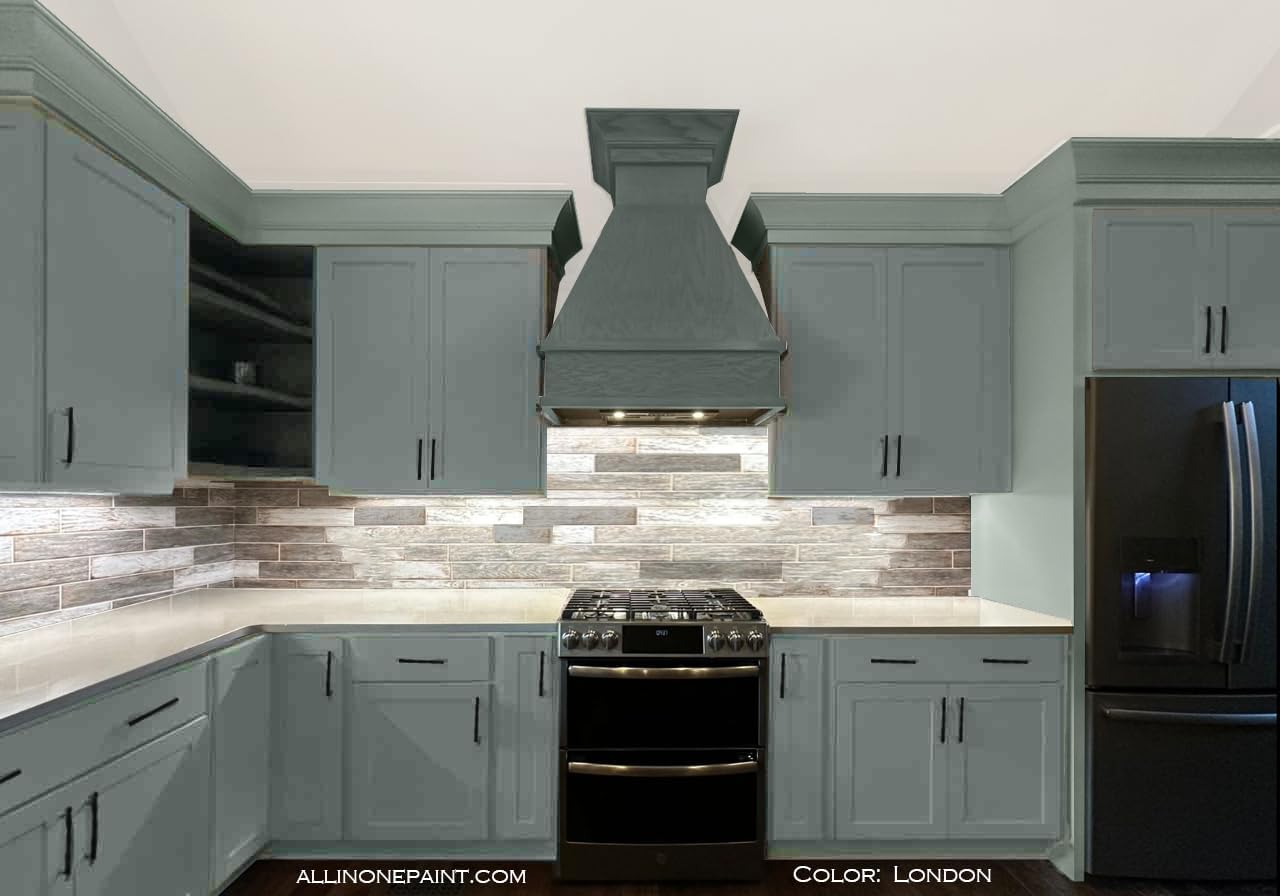 ALL-IN-ONE Paint, Durable cabinet and furniture paint. Built in primer and top coat, no sanding needed. Includes our 30 featured color card - London (green gray), 8oz Sample