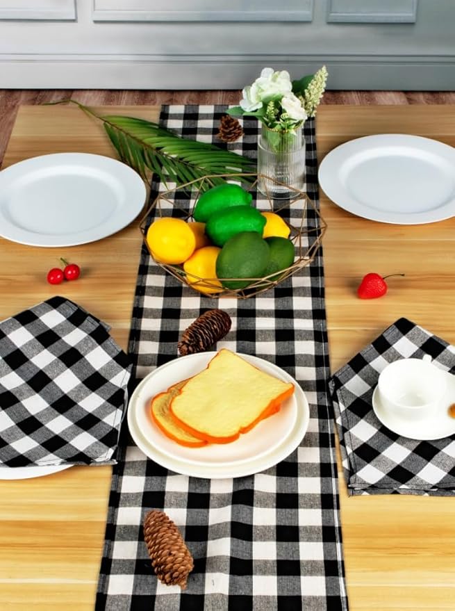 8 Pack Buffalo Check Table Runners Plaid Table Runner for Christmas Dinner, Lumberjack Party, Outdoor or Indoor Gatherings Table Home Decorations (Black & White, 72 inches)