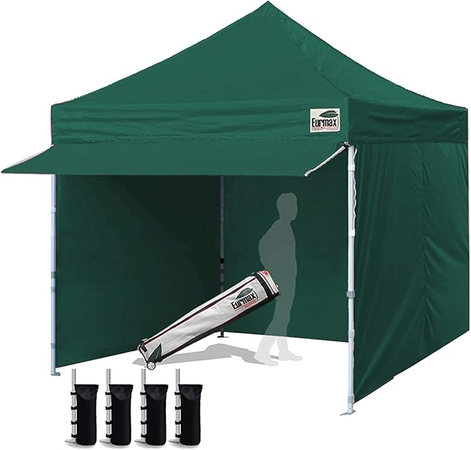 Eurmax USA 10 x 10 Pop up Canopy Commercial Tent Outdoor Party Canopies with 4 Removable Zippered Sidewalls and Roller Bag Bonus 4 Canopy Sand Bags & 24 Squre Ft Extended Awning(Forest Green)