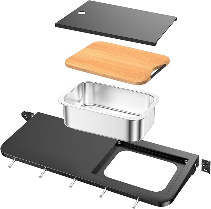 Utheer Front Folding Grill Table for Weber Searwood XL 600 – 35" x 12.5" Large Front Shelf with Stainless Steel Basin, Works Cutting Board, Lid & 5 Hooks, Heavy-Duty Weber Searwood XL 600 Accessories