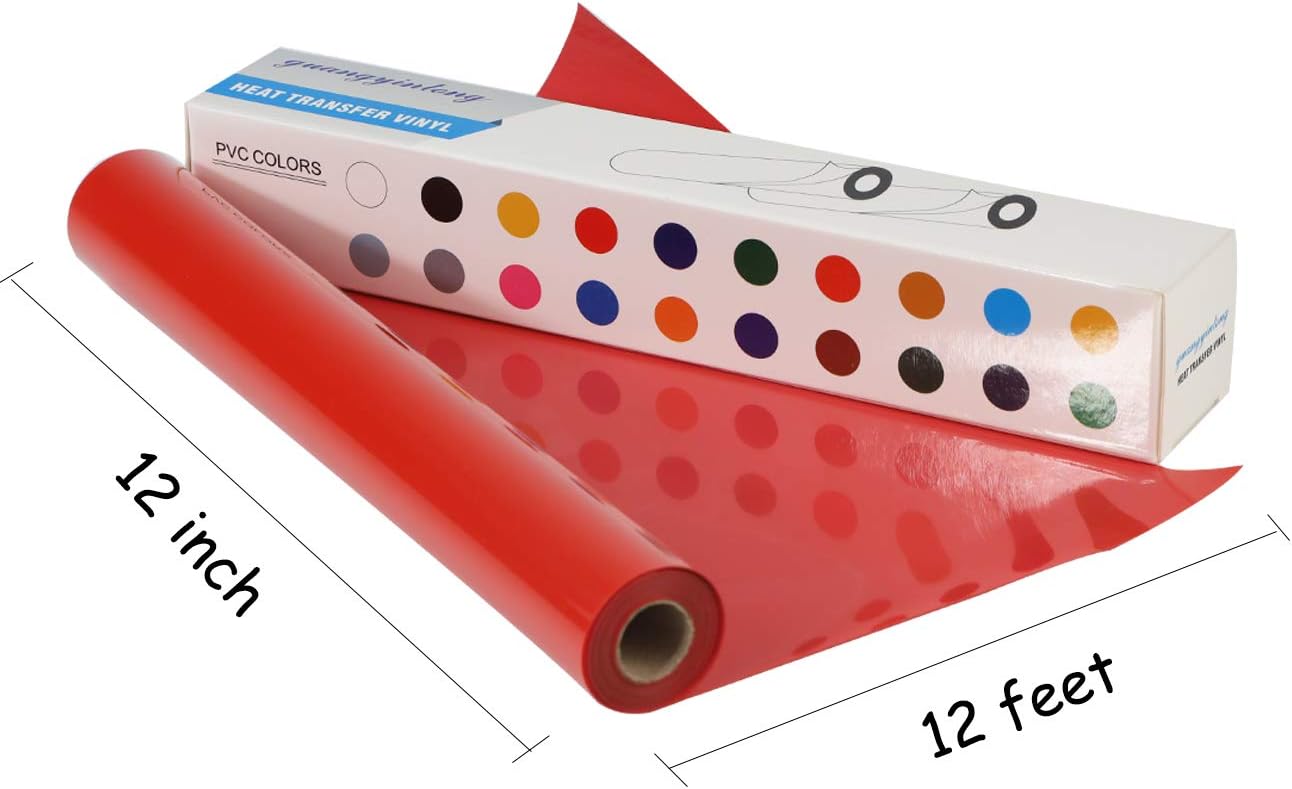 Guangyintong Heat Transfer Vinyl Red HTV Rolls, 12" x 12ft Iron on Vinyl for T-Shirts, Matte Surface HTV for All Cutter Machine Easy to Cut & Weed for Heat Vinyl DIY Design