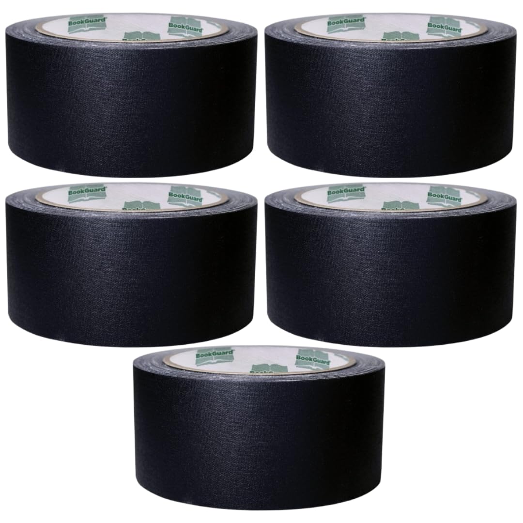 BookGuard 2 Inch Black Bookbinding Tape, Vinyl Coated Cotton Cloth Tape for Book Repair and Library Supplies, Black Vinyl Coated Cloth Tape, 15 Yards - Case of 5