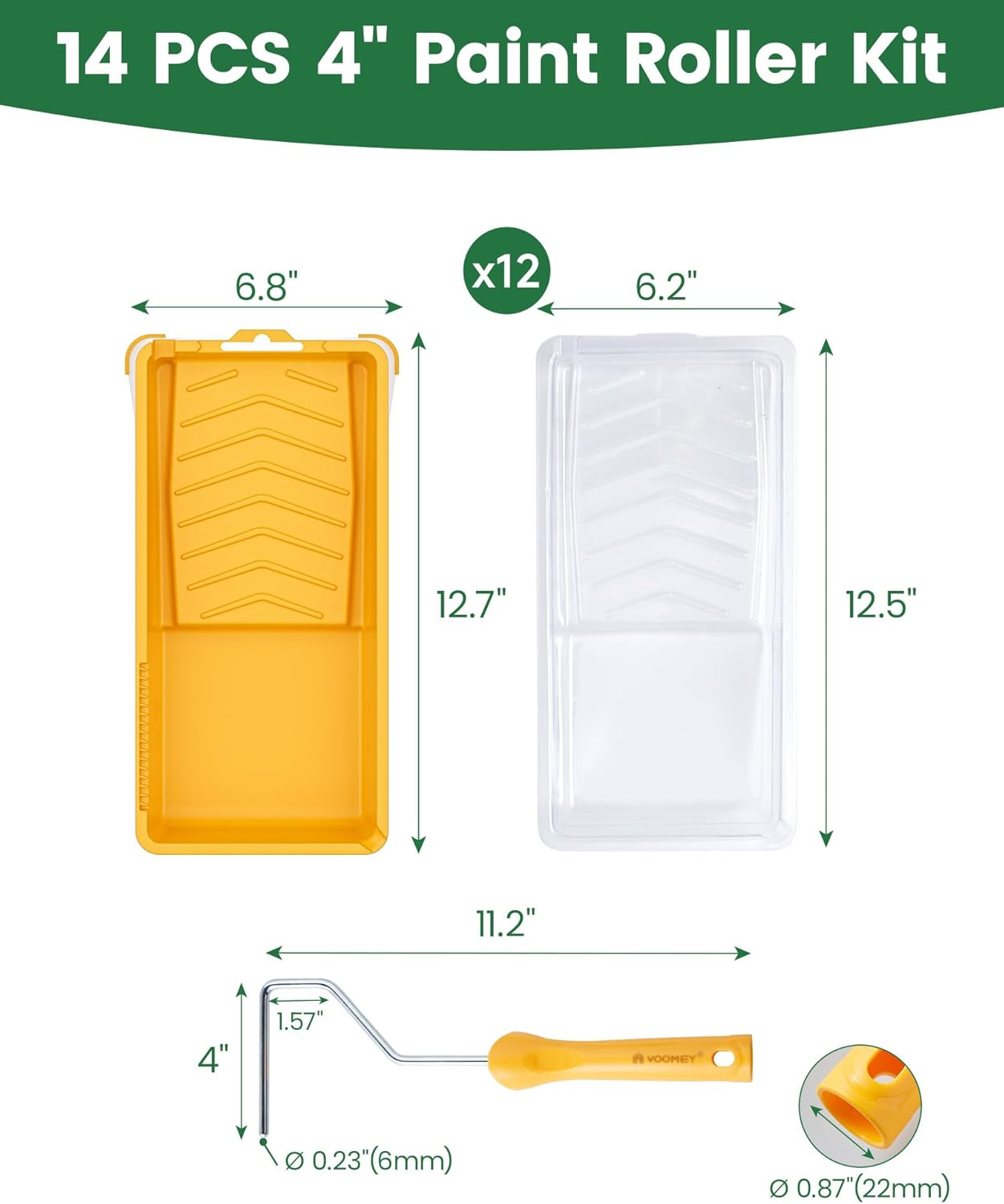 Voomey 4 Inch Paint Roller Tray - 12 Pack Plastic Liners & 1x Roller Frame, 4" Paint Tray Set, for Home Decor, Walls and Furniture Painting