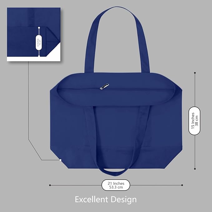 TOPDesign 30-Pack Canvas Tote Bags with an External Pocket, Reusable Grocery Shopping Bags, Top Zipper Closure, Daily Essentials (Blue)