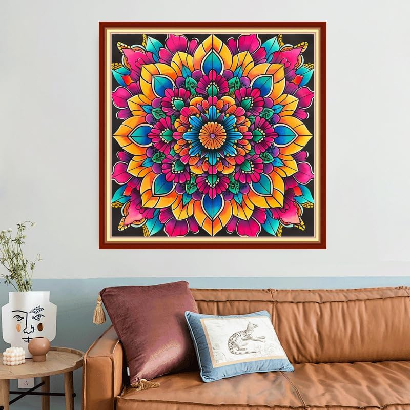 Joyhoor Stamped Cross Stitch Kits for Beginners, Needlepoint Kits for Adults, 11CT Counted Embroidery Kits-Colorful Mandala 18x18 inchs