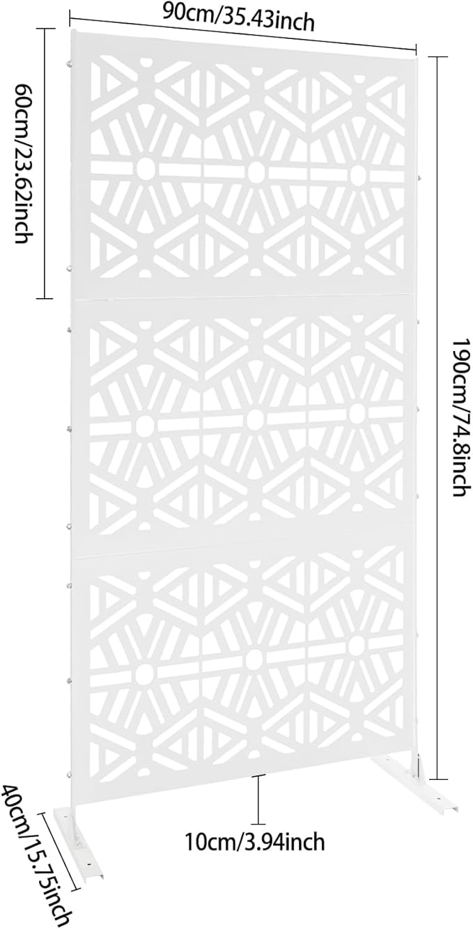 75" H×35" W Decorative Outdoor Privacy Screen with Stand, Outdoor Decor Privacy Fence Screen Metal Fence Panels, Free Standing Metal Divider for Patio Lawn Deck (White-Rhombus)