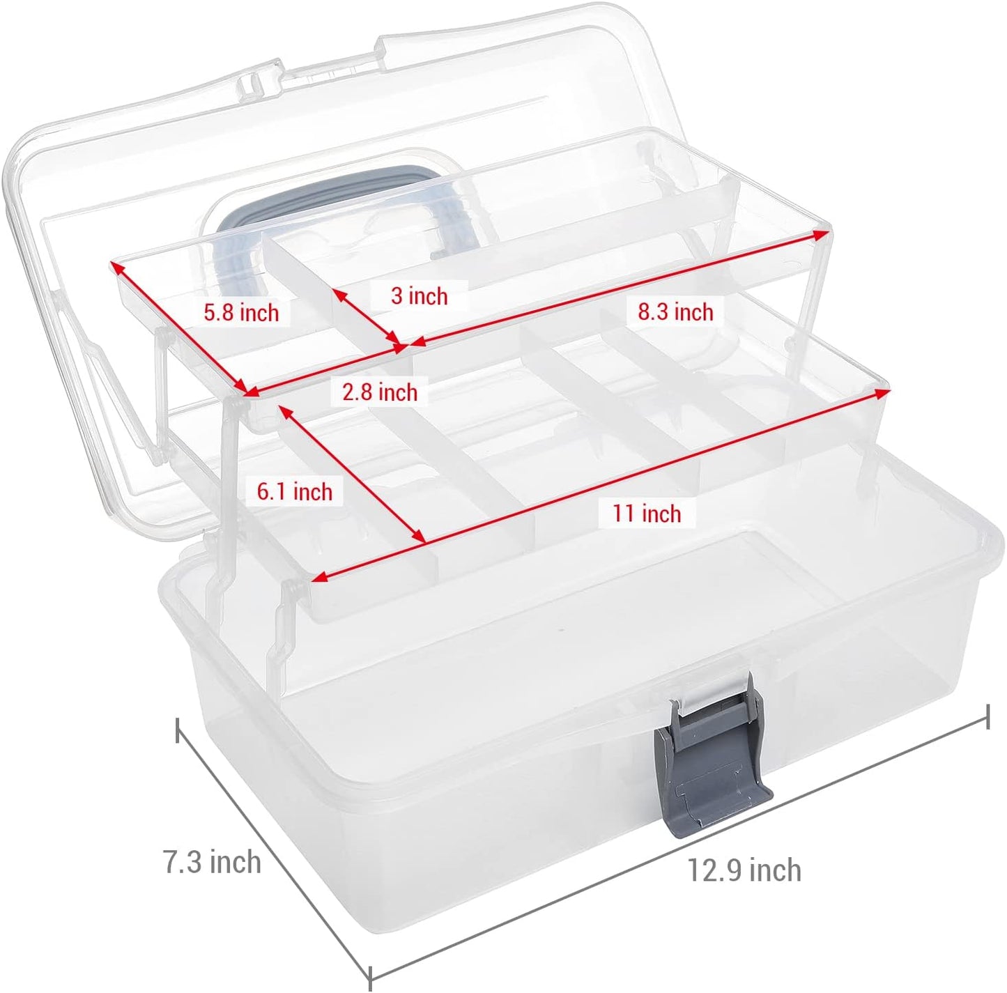 MyGift 13 Inch Transparent Plastic Empty Multipurpose Storage Box with Gray Handle, Latching Lid and 2 Expandable Trays for Tools, First Aid, Sewing Kit, Arts Crafts Supplies