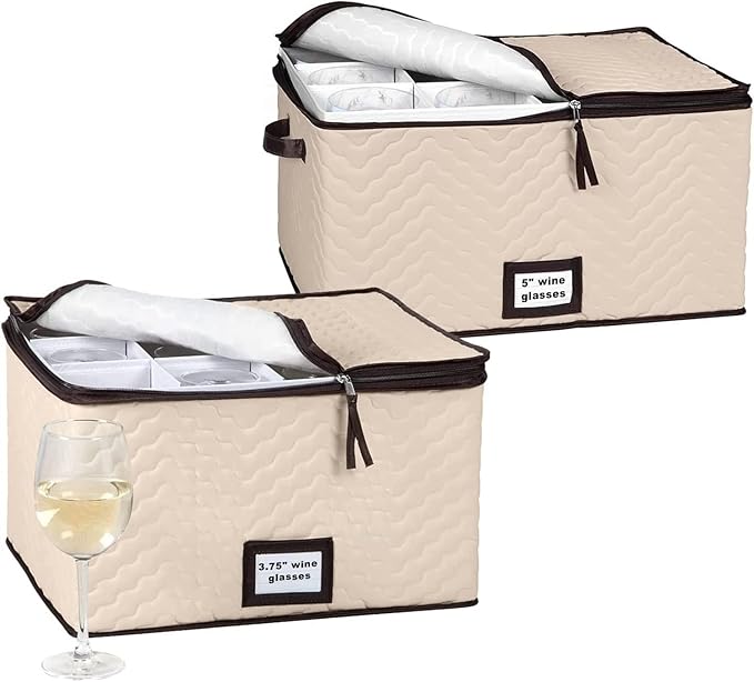 Wine Glass Storage Box with Dividers - Stemware Storage Case, Durable Quilted Microfiber Bin with Carry Handles, Protects Fine China - (2 Pack, Red & White Wine Glass)