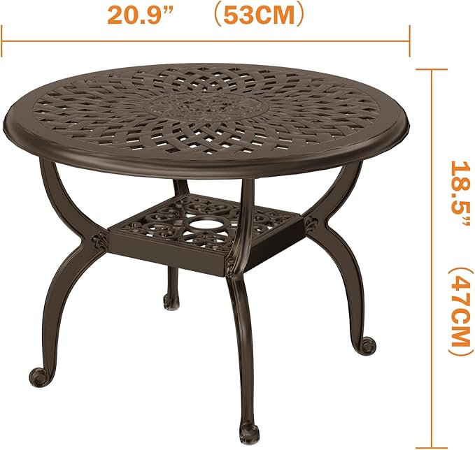Cast Aluminum Outdoor Side Table, All Weather Round Bistro Table, Outdoor Coffee Table, Small End Table for Patio, Indoor, Lawn, Garden, Bronze