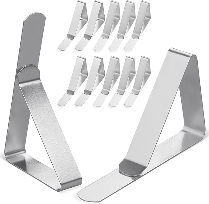 Tablecloth Clips [USA Based Brand] - 12 Pack Stainless Steel, Rust Proof Table Clips for Home, Restaurants, Picnic, Party, Dining Tables - Fits Up to 1.8 Inch Thick Tables