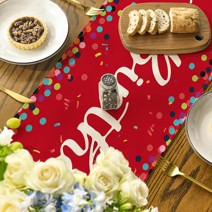 Artoid Mode Polka Dot Red Happy Birthday Table Runner, Seasonal Christmas Winter Kitchen Dining Table Decoration for Home Party Decor 13x72 Inch