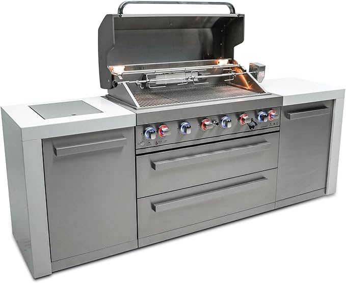 Mont Alpi 805 MAi805-D 6-Burner 115000 BTU Stainless Steel Outdoor Kitchen Island BBQ Gas Grill + 2 Infrared Side Burners Granite Countertops, Storage Drawers & Cabinets, Rotisserie Kit, Weather Cover