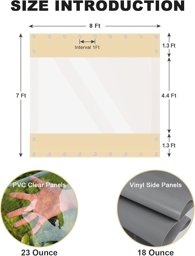 Clear Vinyl Curtains for Patio Enclosure, 23oz Heavy Duty Waterproof Anti-UV and Tear-Resistant Tarpaulin with Grommets, Weatherproof Panels for Porch, Pergola, Gazebo, Balcony, Outdoor