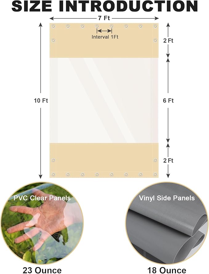 Clear Vinyl Curtains for Patio Enclosure, 23oz Heavy Duty Waterproof Anti-UV and Tear-Resistant Tarpaulin with Grommets, Weatherproof Panels for Porch, Pergola, Gazebo, Balcony, Outdoor