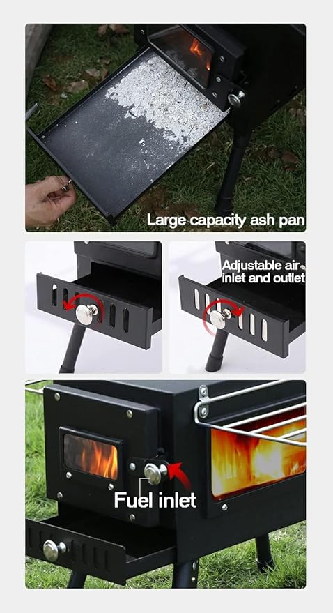 Wood Burning Stove, Portable Tent Stove for Heating, Compact,Outdoor,Courtyard,Camping,Winter,BBQ,Camp Cooking,Touring,Ice Fishing, Hunting,Include Chimney Pipes/Storage Bag(Steel)