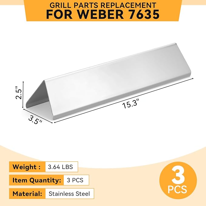 7635 15.3" Flavorizer Bars for Weber Spirit I & II 200, Spirit E210 S210 E220 S220 Gas Grill with Front-Mounted Control, for Weber Spirit Grill Parts, Stainless Steel, 3 PCS