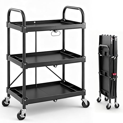 DUMOS 3-Tier Folding Utility Cart, Collapsible Service Cart with 4 Swivel Wheels & Brakes, 120LBS Capacity & Collapsible Storage Rolling Cart for Kitchen, Office, Garden, Garage, Black