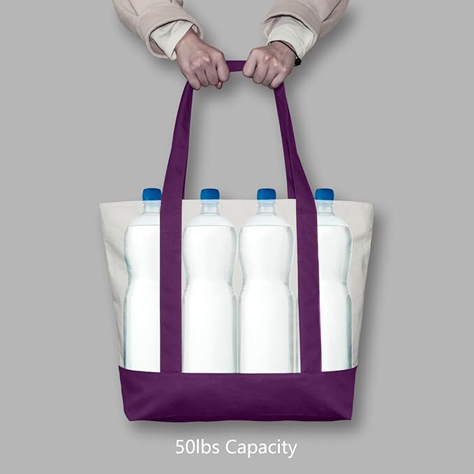 TOPDesign 3-Pack Canvas Tote Bags with an External Pocket, Reusable Grocery Shopping Bags, Top Zipper Closure, Daily Essentials (Purple/Natural)