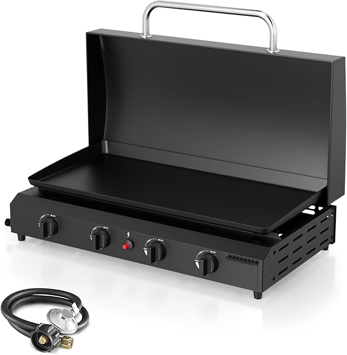 4 Burner BBQ Gas Griddle with Hood, 30 Inch Stainless Steel Portable Detachable Propane Griddle, 60,000 BTU Flat Top Grill with Lid for Camping, Black