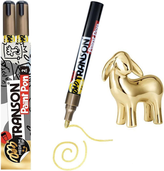 TRANSON 2 Gold Permanent Paint Markers for Fabric Rock Craft Diy Painting Medium Tip Oil Based Waterproof