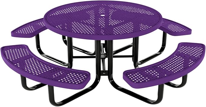 COATEDOUTDOORFURNITURE Heavy-Duty Portable Outdoor Kids Table with Umbrella Hole, Punched Steel Kids Picnic Table, Commercial-Grade, Made in America (46 in, Round, Childrens, Purple)
