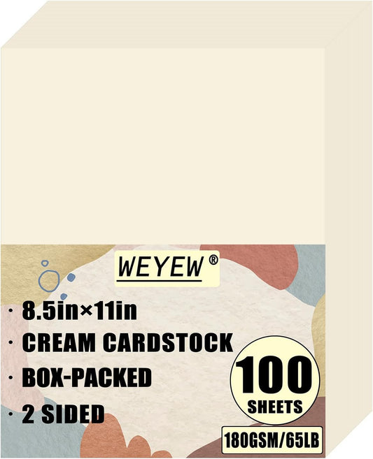 100 Sheets 65lb Cream Cardstock, 8.5" x 11", Premium Card Stock Blank Invitation Paper Greeting Cards Printable DIY Craft Card Making, 65LB Cover 180 GSM