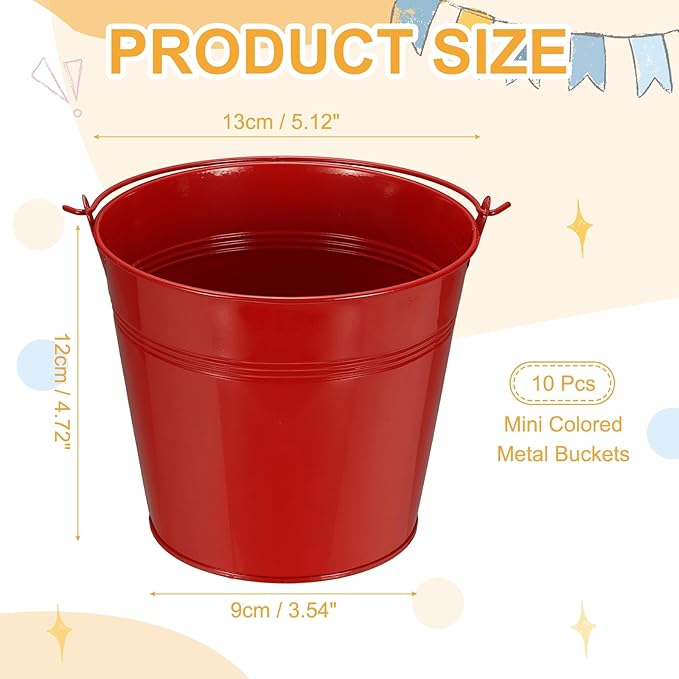 Small Metal Buckets, Mini Buckets with Handle Galvanized Colored Tin Pail Containers Basket Party Supplies - Fit for (Halloween - Classroom Crafts) 5" & 10Pcs & Red
