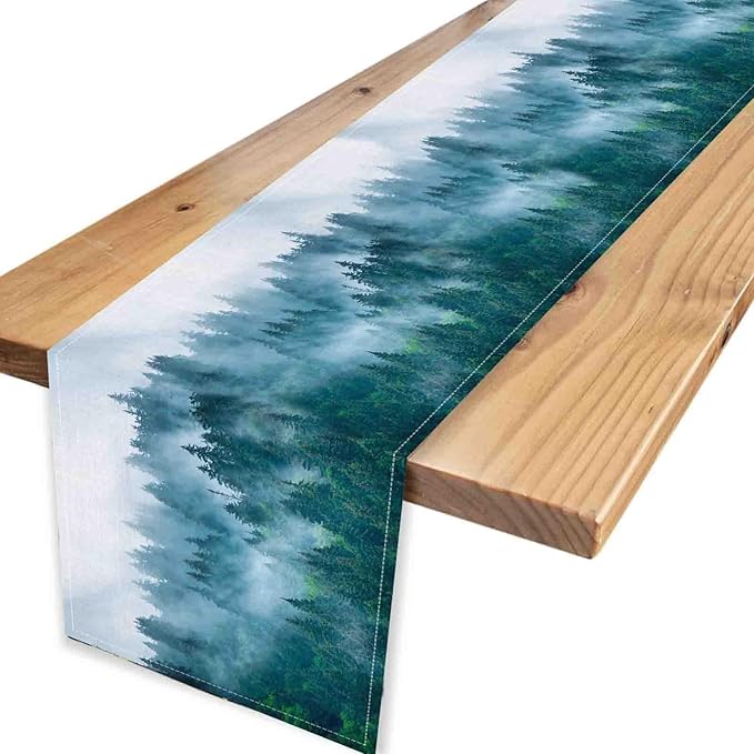 Forest Table Runner, Rustic Farmhouse Misty Pine Tree Woodland Mountain Country Coffee Table Center Decor for Home Kitchen Dining Patio Holiday Party Indoor Outdoor Table Decorations, 13"x108" Inch