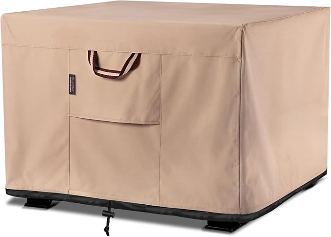 QH.HOME Fire Pit Cover Square-33-36 Inch Heavy Duty 900D Strong Tear-Resistant and UV Resistant and Waterproof and Fading Resistant Material Polyester Firepit Covers for Outdoor Fire Table-Wheat