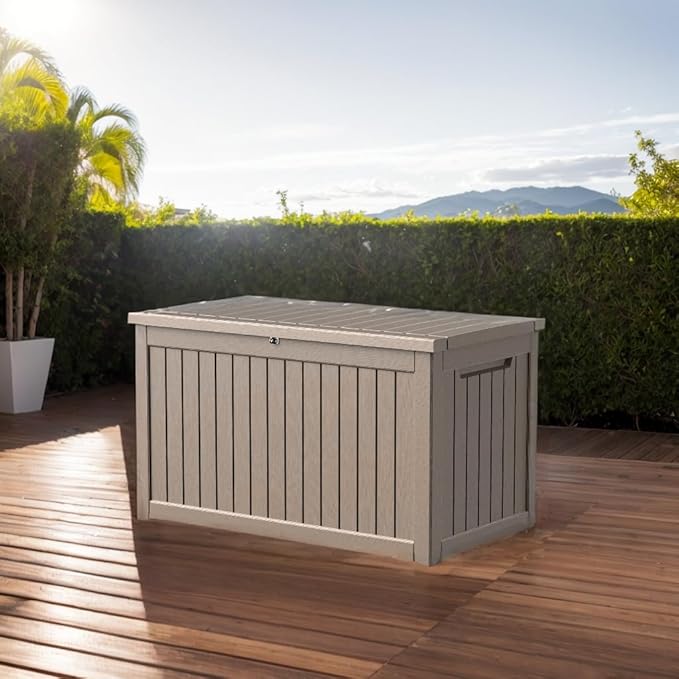 Waterproof Outdoor Resin Deck Box with Lockable Lid, Easy Assembly Features and Convenient Handles For Cushion, Pillows and other Patio Furniture (180 Gallon Grey)