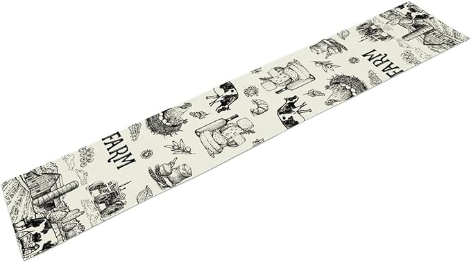 Milk Farm Table Runner, Rustic Farmhouse Animals Fresh Eggs Bread Vegetables Print Table Runner for Farmhouse Kitchen Decor Party Picnic Holiday Dinner, 13x120inch