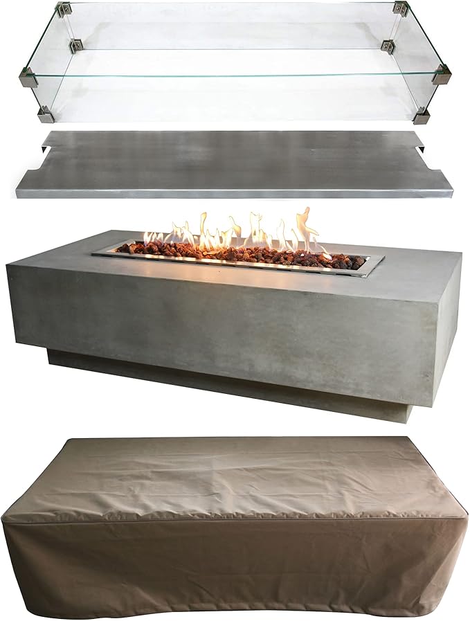 Elementi Granville 60 in Rectangular Concrete Propane Fire Pit Table + 42 in Stainless Steel Fire Pit Cover + Tempered Glass Wind Screen Guard