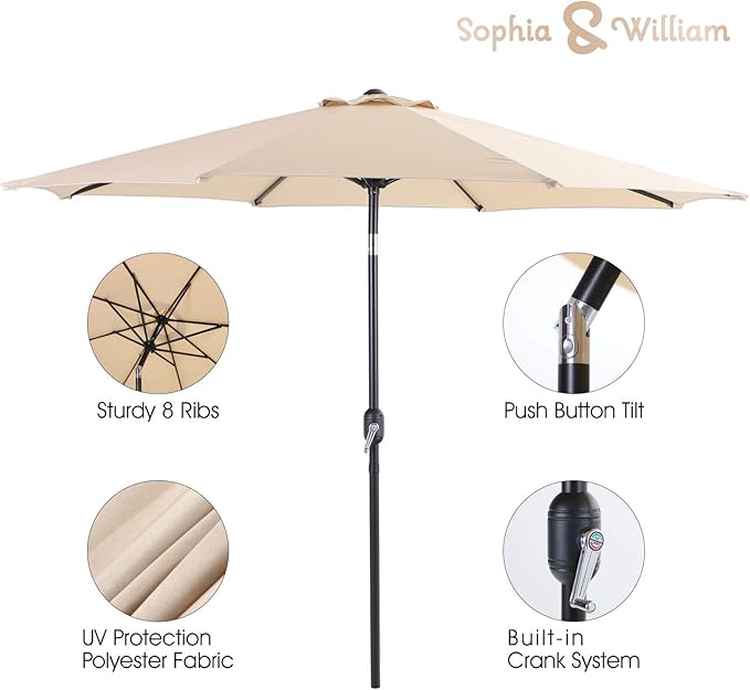 Sophia & William 5 Pieces Patio Dining Set with 9 ft Beige Patio Umbrella, Outdoor PE Rattan Chairs and Square Metal Table Set with Cushions and 1.57" Umbrella Hole for Poolside Porch Backyard