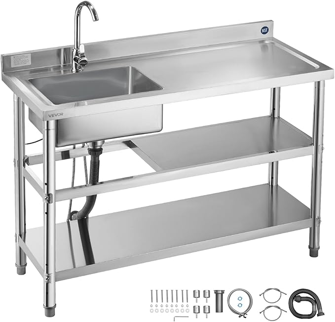 VEVOR Stainless Steel Utility Sink, Free Standing Single Bowl Commercial Kitchen Sink with Faucet and Hot & Cold Water Pipe, Dual Storage Shelves for Garage, Restaurant, Laundry, 47.2 x 19.7 x 37 in