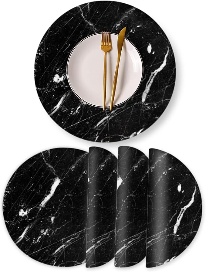 Heat Resistant Placemats Set of 4,Black Marble Round Ding Table Placemat Easy to Clean Waterproof Non-Slip Place Mats Tabletop Protection Kitchen Decoration,13inch